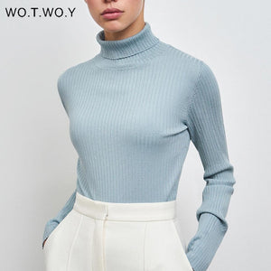 WOTWOY Autumn Winter Basic Knitted Turtleneck Sweaters Women Solid Slim Fit Bottoming Pullovers Women Cotton Knitwear Female New