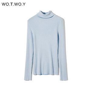 WOTWOY Autumn Winter Basic Knitted Turtleneck Sweaters Women Solid Slim Fit Bottoming Pullovers Women Cotton Knitwear Female New