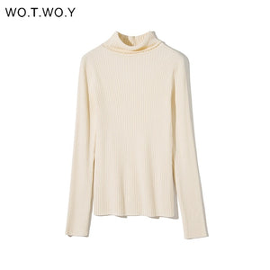 WOTWOY Autumn Winter Basic Knitted Turtleneck Sweaters Women Solid Slim Fit Bottoming Pullovers Women Cotton Knitwear Female New