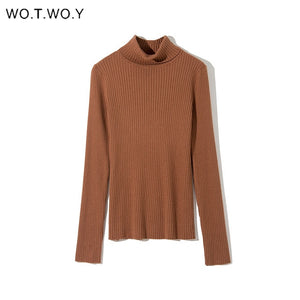 WOTWOY Autumn Winter Basic Knitted Turtleneck Sweaters Women Solid Slim Fit Bottoming Pullovers Women Cotton Knitwear Female New