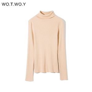 WOTWOY Autumn Winter Basic Knitted Turtleneck Sweaters Women Solid Slim Fit Bottoming Pullovers Women Cotton Knitwear Female New